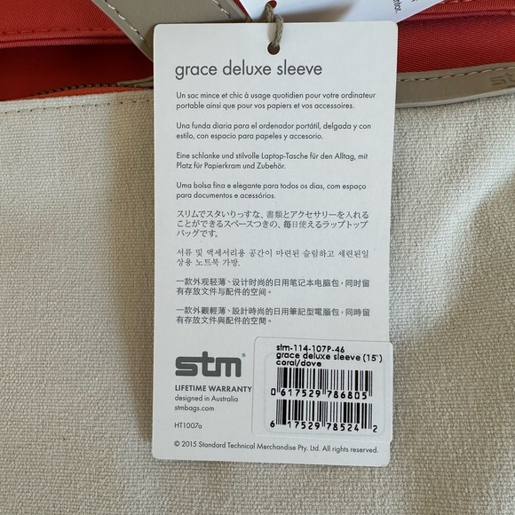 NWT STM Grace Deluxe 15'' Laptop Sleeve Straps Macbook/Notebook/iPad Coral Cream - Picture 5 of 7